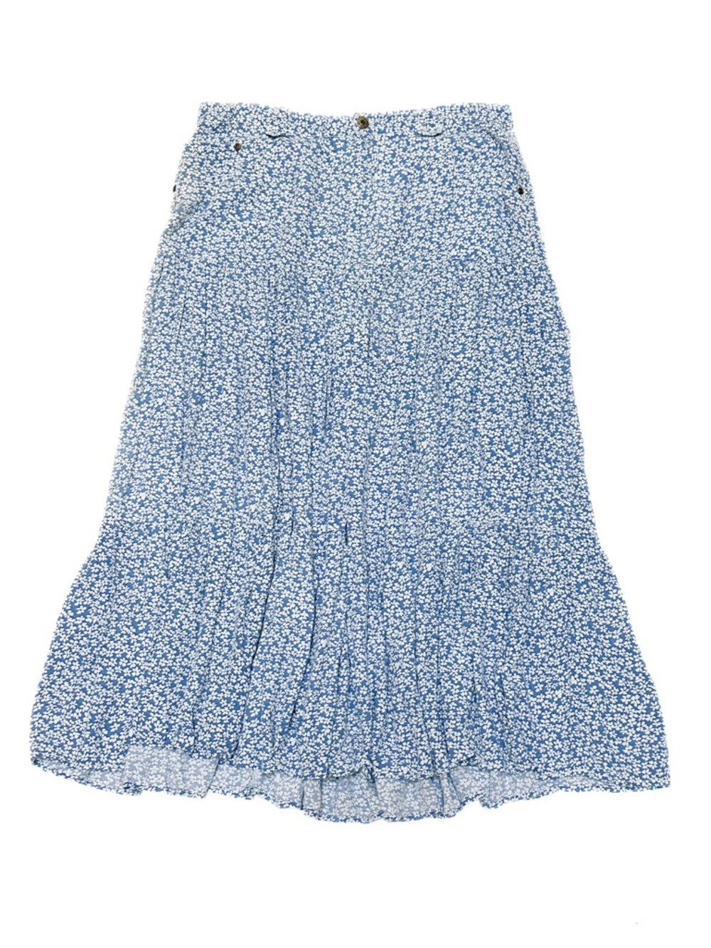 Vintage Desert Diva Ditzy Blue Floral Cowgirl Yoke Waist Tiered Midi Skirt